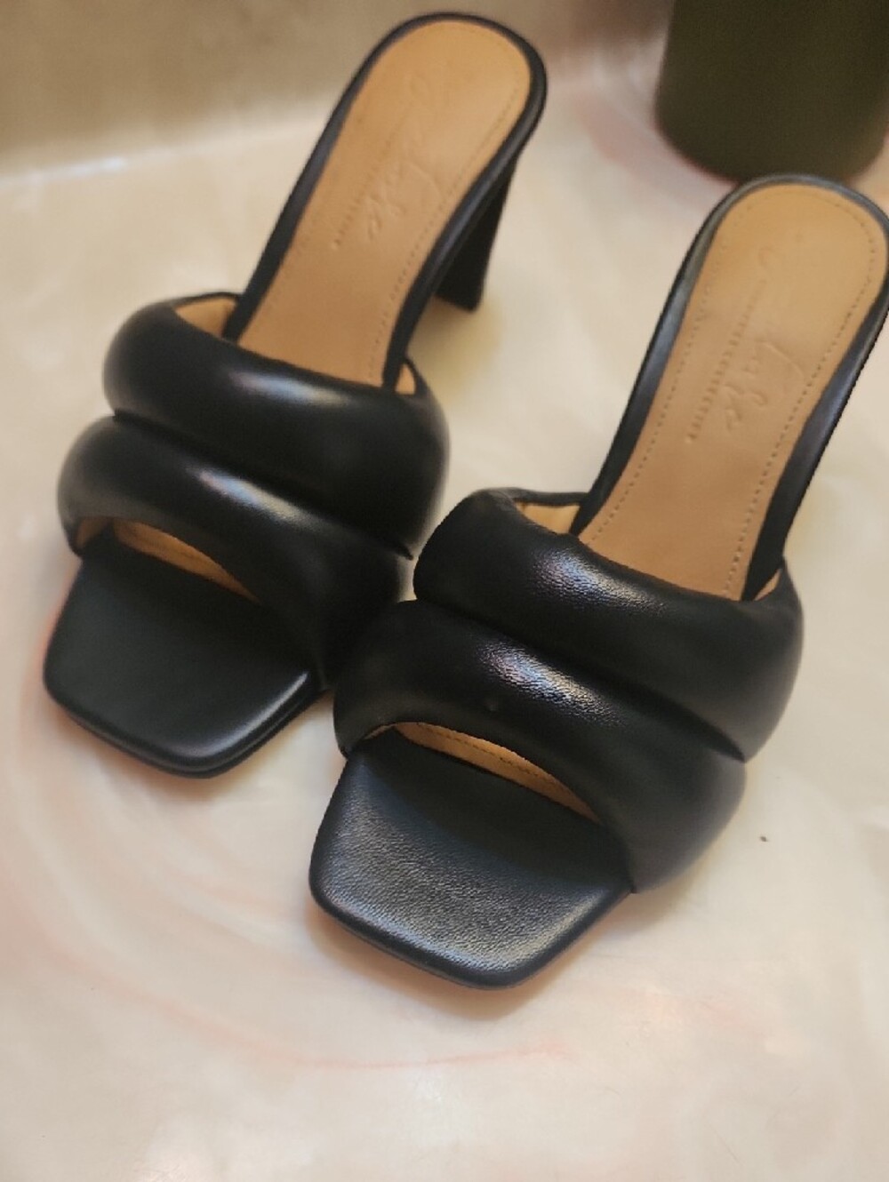 Quinn Padded Black Mule Heels — Women's Slip-On Sandals - Picture 8 of 9